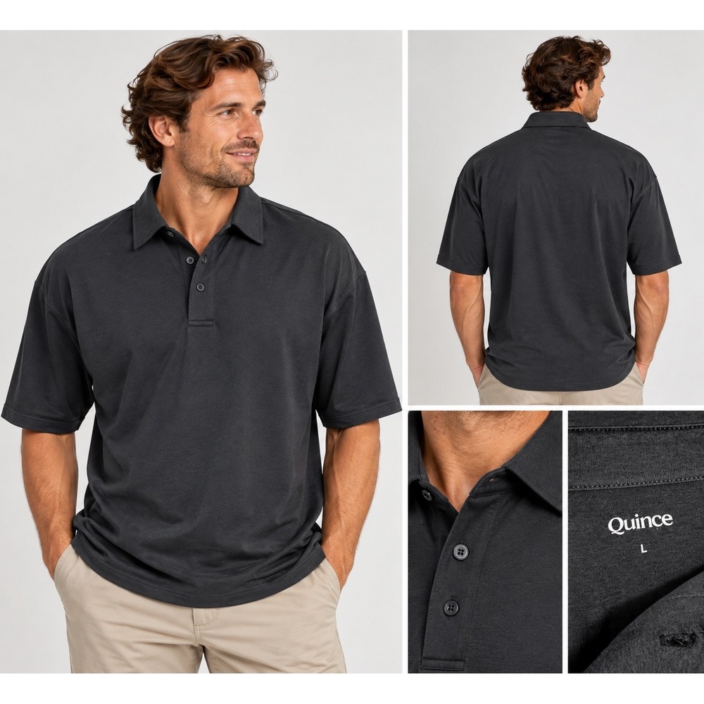 Quince Flowknit Breeze Performance Polo Shirt Heather Black Large LB29607
